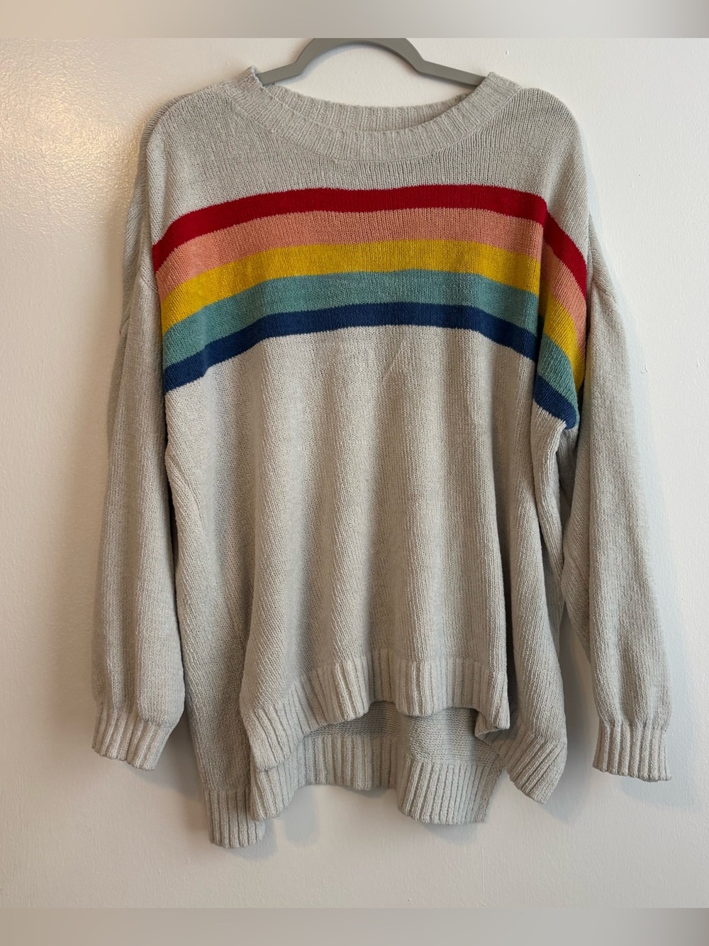 American Eagle Oversized Cozy Rainbow Stripe Cream Women's Crewneck Sweater